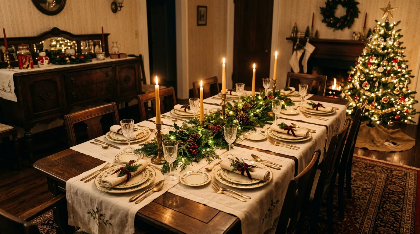 Vintage Christmas dining room with antique-inspired table setting.